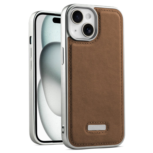 Sophisticated Leather Cover for Apple iPhone 15 with Shiny Silver Edges, Stitched Back Design & Hard Shell Protection
