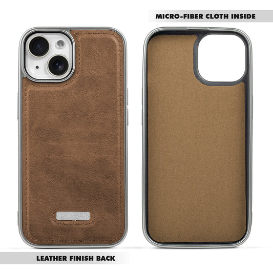 Sophisticated Leather Cover for Apple iPhone 15 with Shiny Silver Edges, Stitched Back Design & Hard Shell Protection