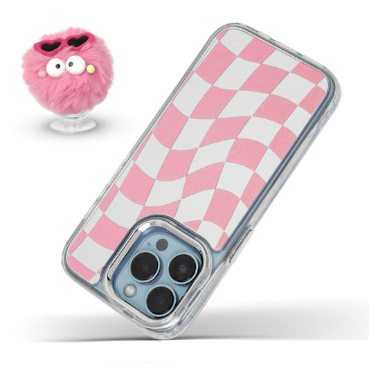 Mirror Checkered Pattern Back Cover with a Fur Pop Socket for Apple iPhone 15