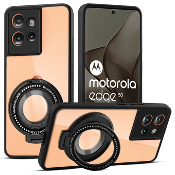Transparent Back Cover with Silicone frame Matte Ring Holder Kickstand Case For Motorola Moto Edge 50 5G