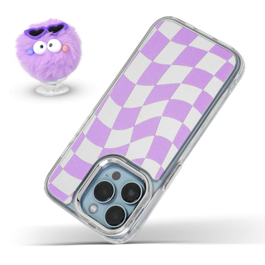 Mirror Checkered Pattern Back Cover with a Fur Pop Socket for Apple iPhone 15