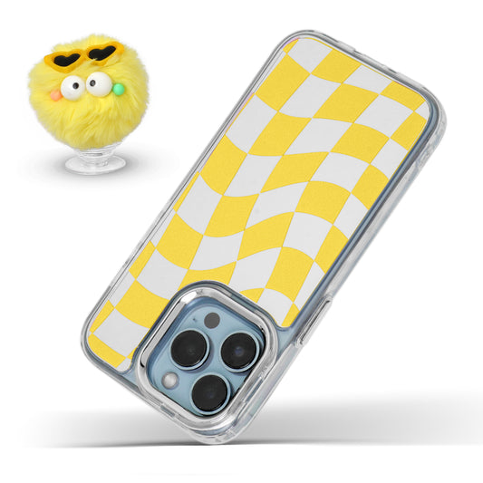 Mirror Checkered Pattern Back Cover with a Fur Pop Socket for Apple iPhone 15