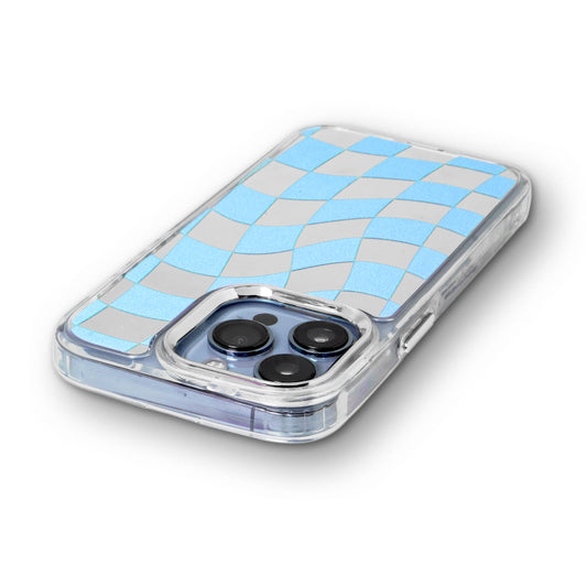 Mirror Checkered Pattern Back Cover with a Fur Pop Socket for Apple iPhone 15