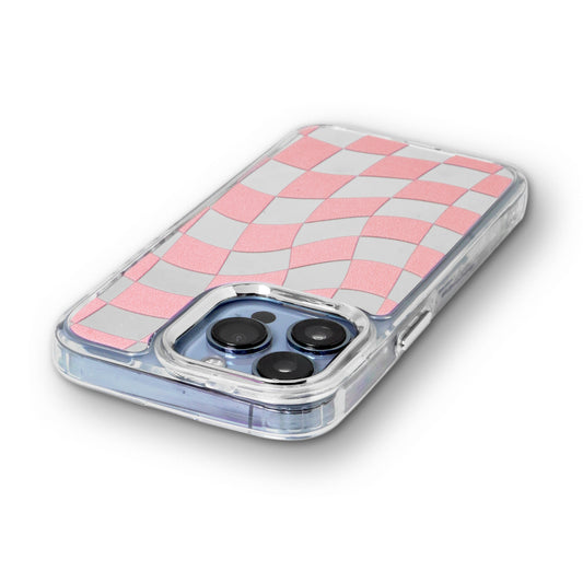Mirror Checkered Pattern Back Cover with a Fur Pop Socket for Apple iPhone 15