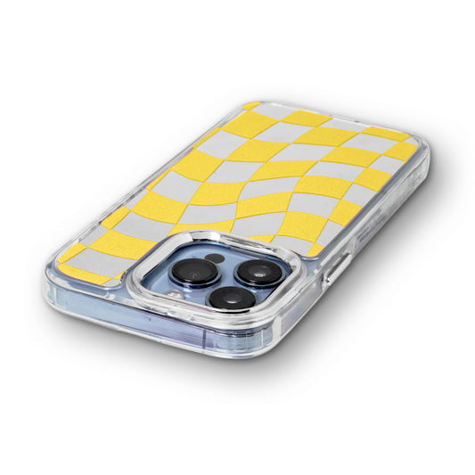 Mirror Checkered Pattern Back Cover with a Fur Pop Socket for Apple iPhone 15