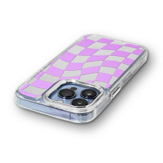 Mirror Checkered Pattern Back Cover with a Fur Pop Socket for Apple iPhone 15