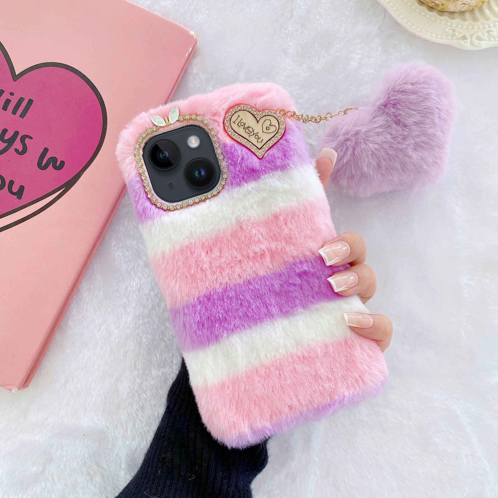 Fluffy Colorful Case with Heart Keychain Back Cover for Apple iPhone