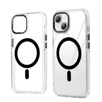 Premium Crystal Clear Hard Back Case For Apple iPhone 15 with Strong MagSafe Magnet & Colored Metal finish Ring Camera Protection