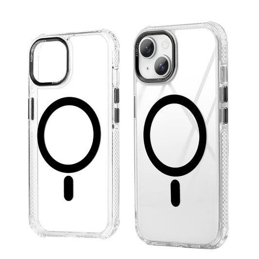 Premium Crystal Clear Hard Back Case For Apple iPhone 15 with Strong MagSafe Magnet & Colored Metal finish Ring Camera Protection