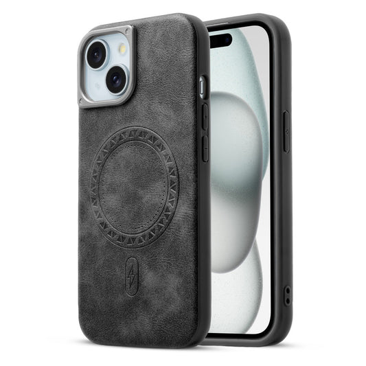 Alloy Camera Ring Faux Leather Back Case for Apple iPhone 15 , Hard Shell with MagSafe Support