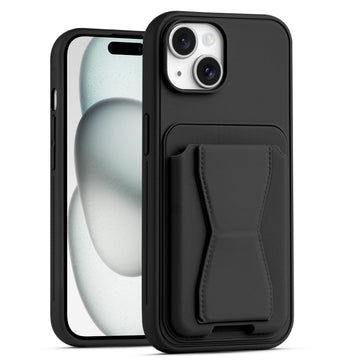 All in One Premium Leather Back Cover for Apple iPhone 15 with Card Slot & Foldable Grip Holder