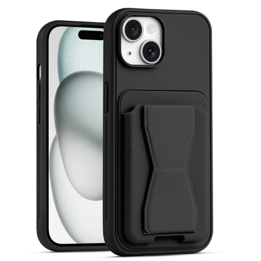 All in One Premium Leather Back Cover for Apple iPhone 15 with Card Slot & Foldable Grip Holder