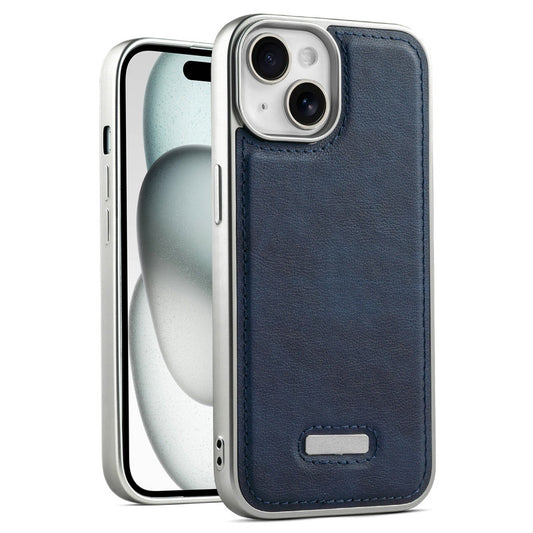 Sophisticated Leather Cover for Apple iPhone 15 with Shiny Silver Edges, Stitched Back Design & Hard Shell Protection
