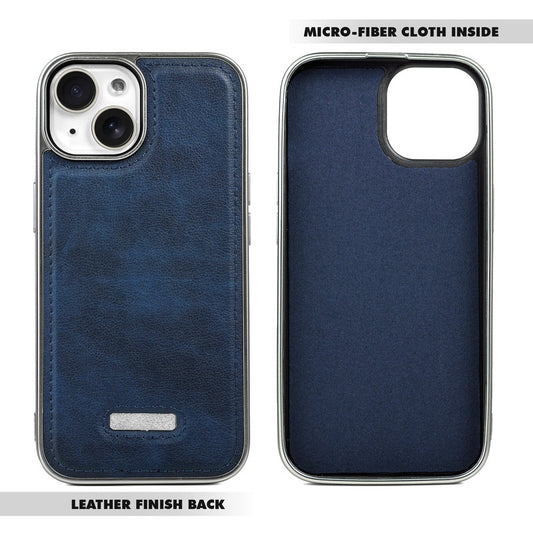 Sophisticated Leather Cover for Apple iPhone 15 with Shiny Silver Edges, Stitched Back Design & Hard Shell Protection