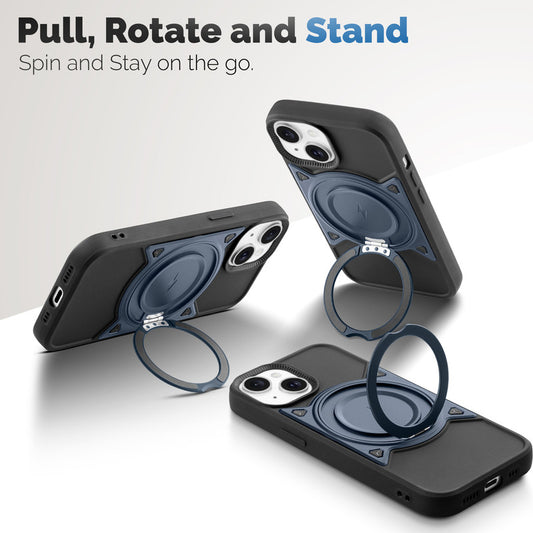 MagSafe Compatible with Metal Finish Ring Stand & Silicone Grip Back Case For Apple iPhone 15