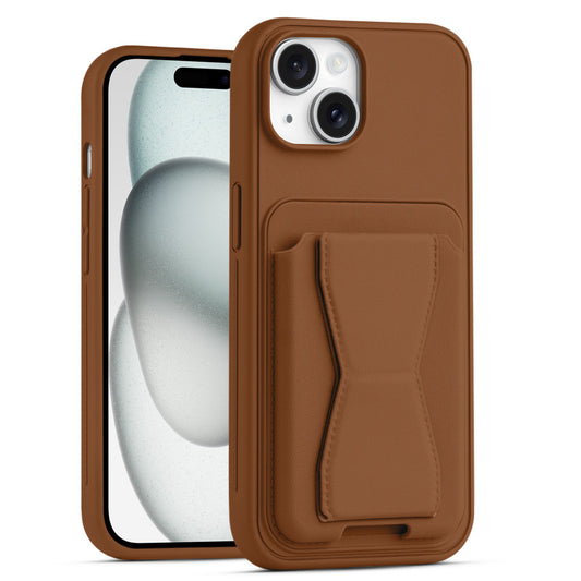 All in One Premium Leather Back Cover for Apple iPhone 15 with Card Slot & Foldable Grip Holder