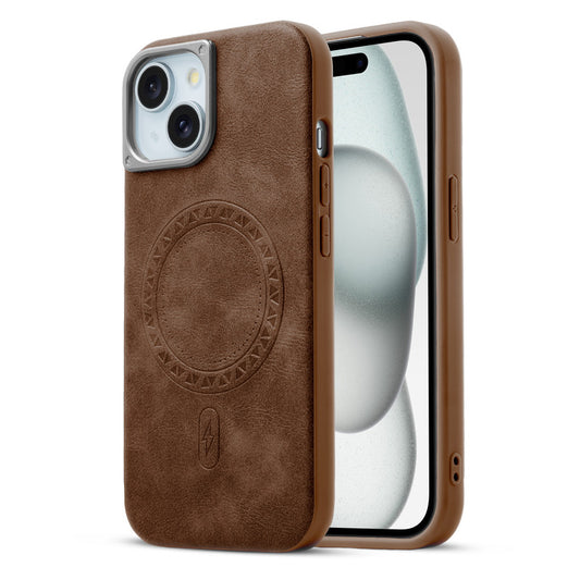 Alloy Camera Ring Faux Leather Back Case for Apple iPhone 15 , Hard Shell with MagSafe Support