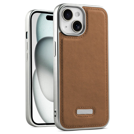 Sophisticated Leather Cover for Apple iPhone 15 with Shiny Silver Edges, Stitched Back Design & Hard Shell Protection
