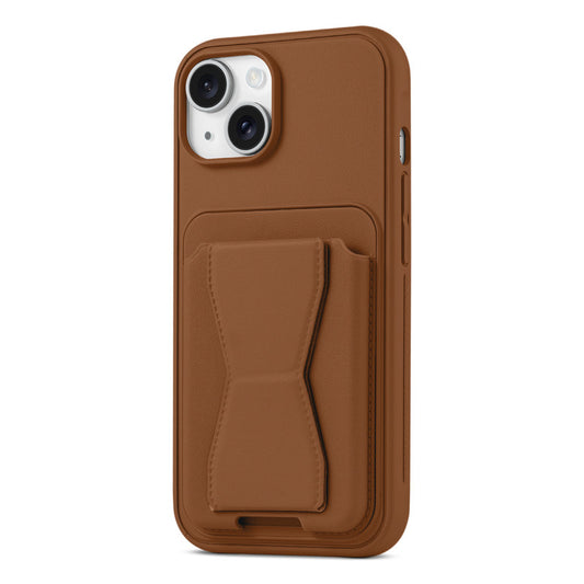 All in One Premium Leather Back Cover for Apple iPhone 15 with Card Slot & Foldable Grip Holder