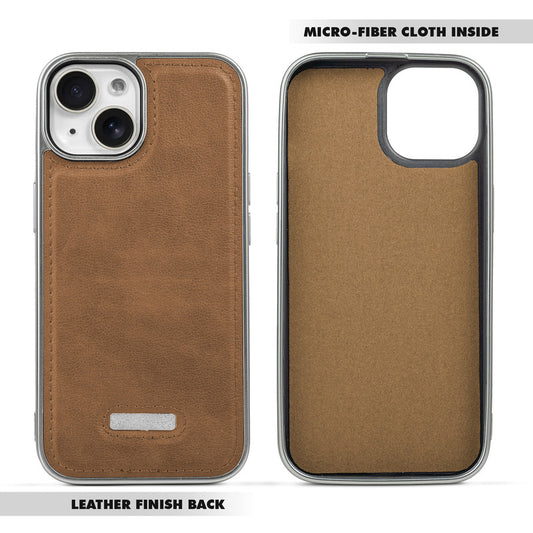 Sophisticated Leather Cover for Apple iPhone 15 with Shiny Silver Edges, Stitched Back Design & Hard Shell Protection