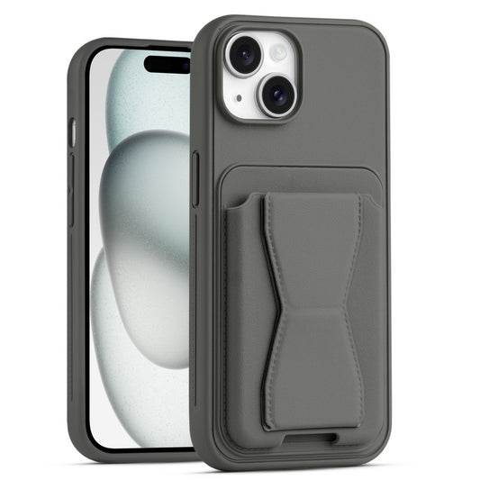 All in One Premium Leather Back Cover for Apple iPhone 15 with Card Slot & Foldable Grip Holder