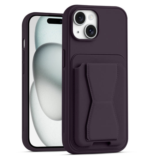 All in One Premium Leather Back Cover for Apple iPhone 15 with Card Slot & Foldable Grip Holder