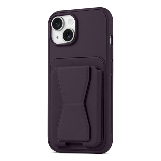 All in One Premium Leather Back Cover for Apple iPhone 15 with Card Slot & Foldable Grip Holder