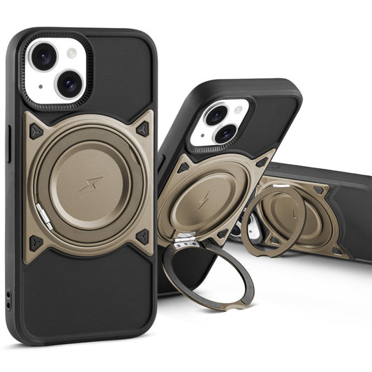 MagSafe Compatible with Metal Finish Ring Stand & Silicone Grip Back Case For Apple iPhone 15