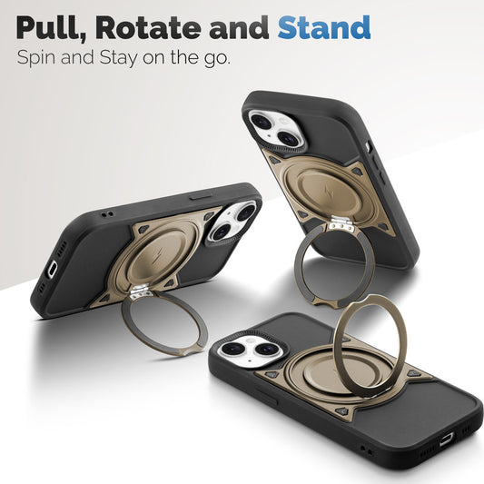 MagSafe Compatible with Metal Finish Ring Stand & Silicone Grip Back Case For Apple iPhone 15