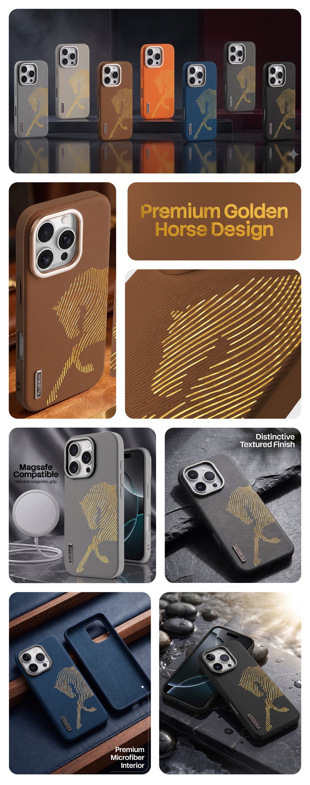 Premium Horse Textured MagSafe Case for Apple iPhone 15 Pro Max with Metallic Camera Protection & Microfiber Lining