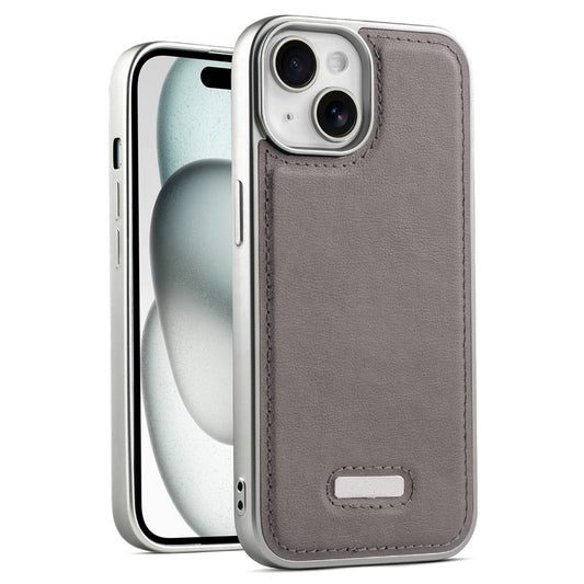 Sophisticated Leather Cover for Apple iPhone 15 with Shiny Silver Edges, Stitched Back Design & Hard Shell Protection