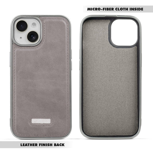 Sophisticated Leather Cover for Apple iPhone 15 with Shiny Silver Edges, Stitched Back Design & Hard Shell Protection