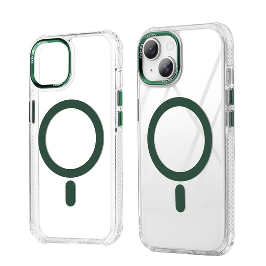 Premium Crystal Clear Hard Back Case For Apple iPhone 15 with Strong MagSafe Magnet & Colored Metal finish Ring Camera Protection