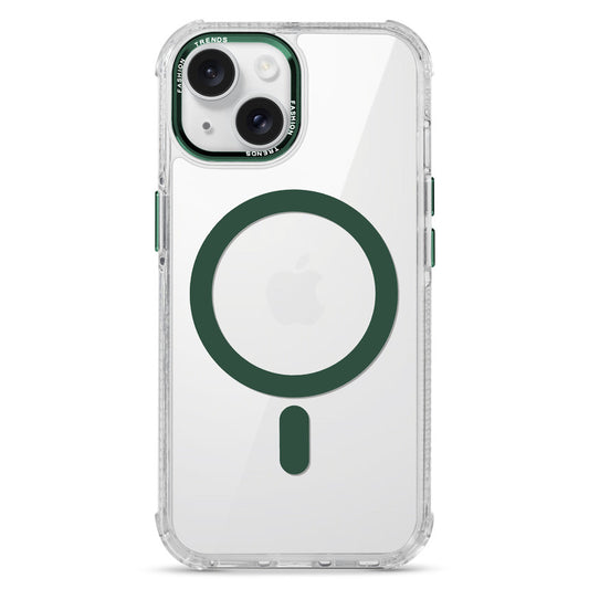 Premium Crystal Clear Hard Back Case For Apple iPhone 15 with Strong MagSafe Magnet & Colored Metal finish Ring Camera Protection