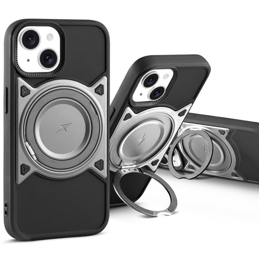 MagSafe Compatible with Metal Finish Ring Stand & Silicone Grip Back Case For Apple iPhone 15