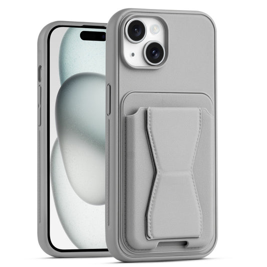 All in One Premium Leather Back Cover for Apple iPhone 15 with Card Slot & Foldable Grip Holder