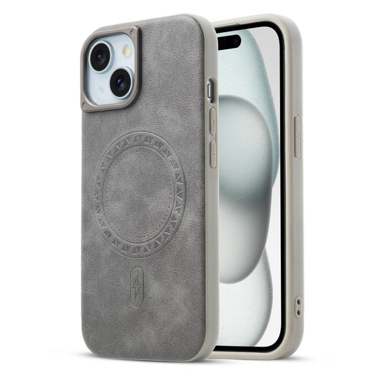 Alloy Camera Ring Faux Leather Back Case for Apple iPhone 15 , Hard Shell with MagSafe Support