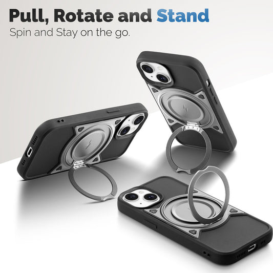 MagSafe Compatible with Metal Finish Ring Stand & Silicone Grip Back Case For Apple iPhone 15