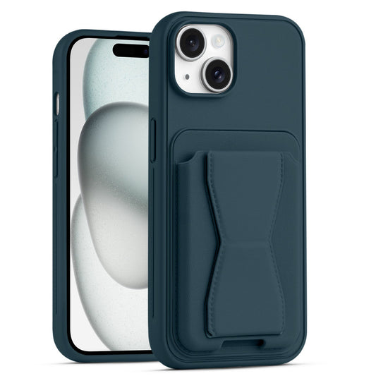 All in One Premium Leather Back Cover for Apple iPhone 15 with Card Slot & Foldable Grip Holder