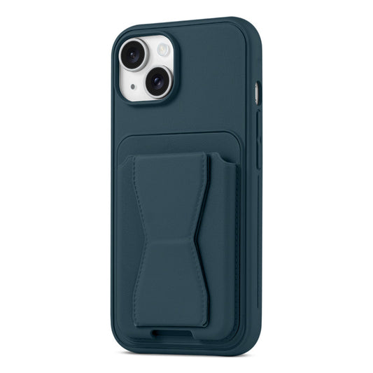 All in One Premium Leather Back Cover for Apple iPhone 15 with Card Slot & Foldable Grip Holder