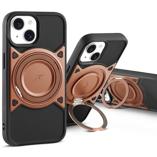 MagSafe Compatible with Metal Finish Ring Stand & Silicone Grip Back Case For Apple iPhone 15