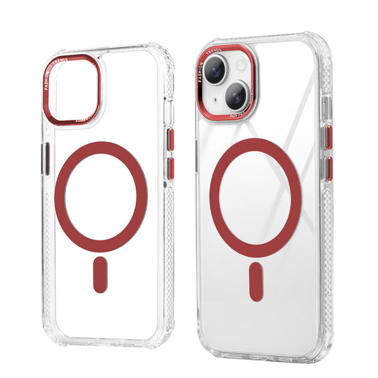 Premium Crystal Clear Hard Back Case For Apple iPhone 15 with Strong MagSafe Magnet & Colored Metal finish Ring Camera Protection