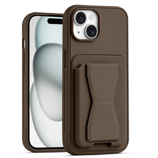 All in One Premium Leather Back Cover for Apple iPhone 15 with Card Slot & Foldable Grip Holder