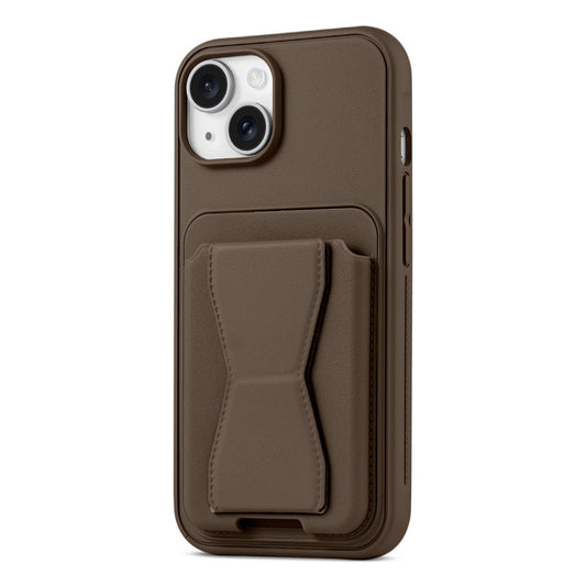 All in One Premium Leather Back Cover for Apple iPhone 15 with Card Slot & Foldable Grip Holder