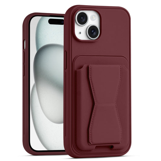 All in One Premium Leather Back Cover for Apple iPhone 15 with Card Slot & Foldable Grip Holder