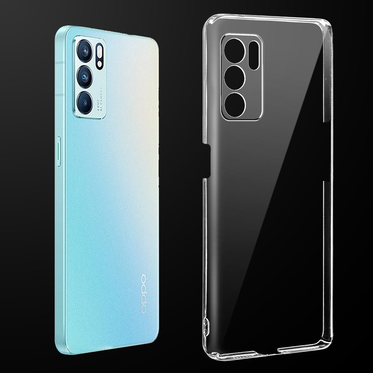 Transparent anti-yellow hard back case fitted on Oppo Reno 6 5G showing full back coverage and camera protection
