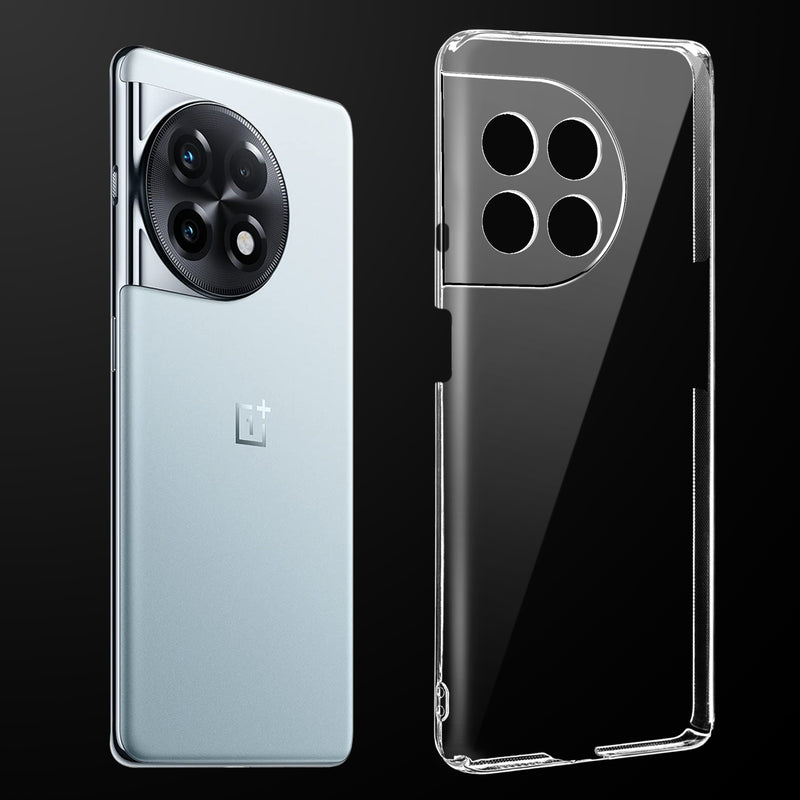 Transparent anti-yellow hard back case fitted on OnePlus 11 5G showing full back coverage and camera protection