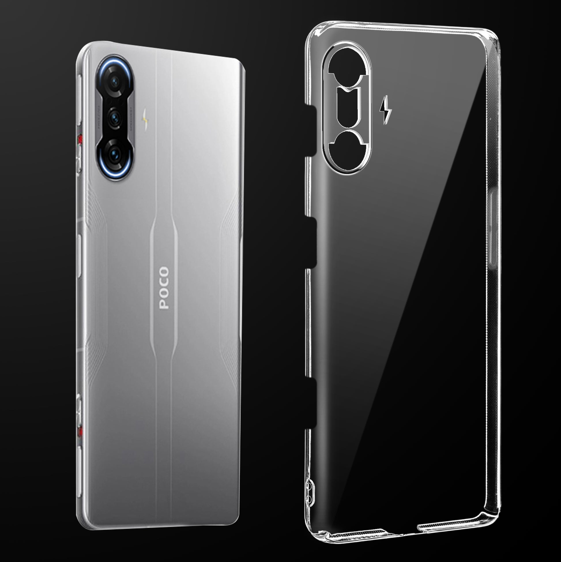 Transparent anti-yellow hard back case fitted on Poco F3 GT showing full back coverage and camera protection