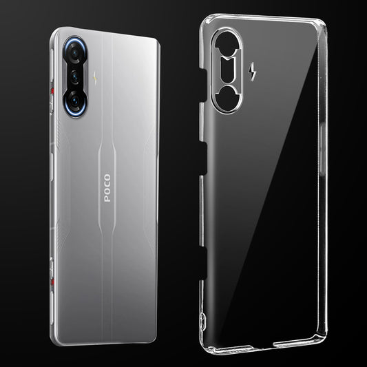 Transparent anti-yellow hard back case fitted on Poco F3 GT showing full back coverage and camera protection