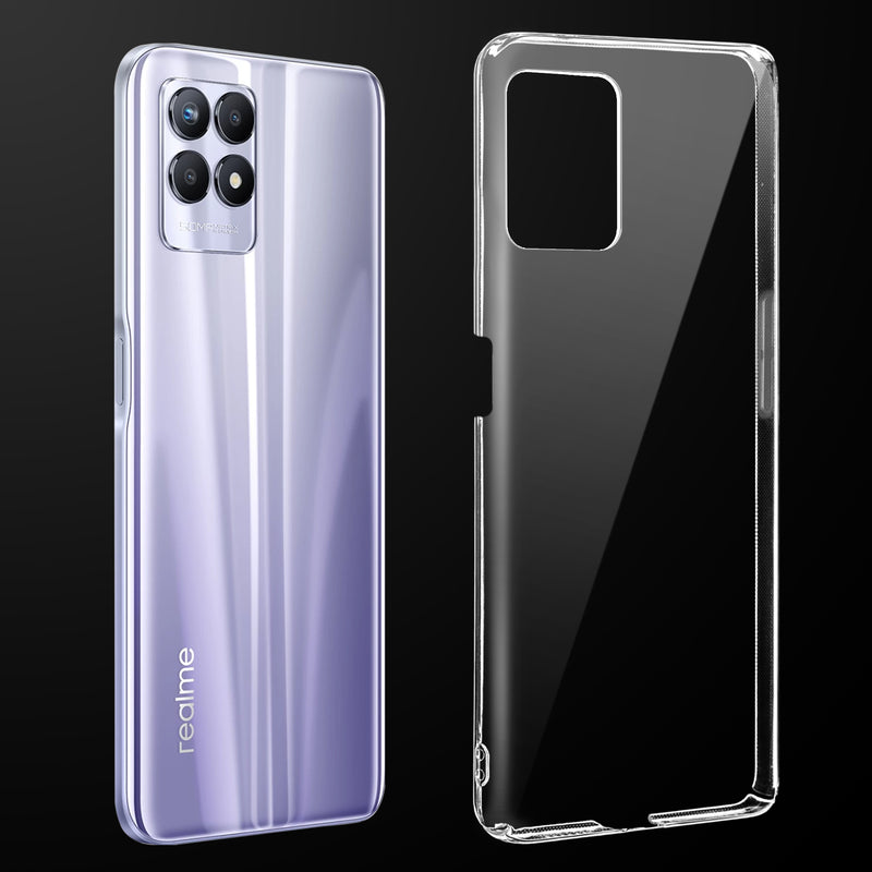 Transparent anti-yellow hard back case fitted on Realme 8i showing full back coverage and camera protection